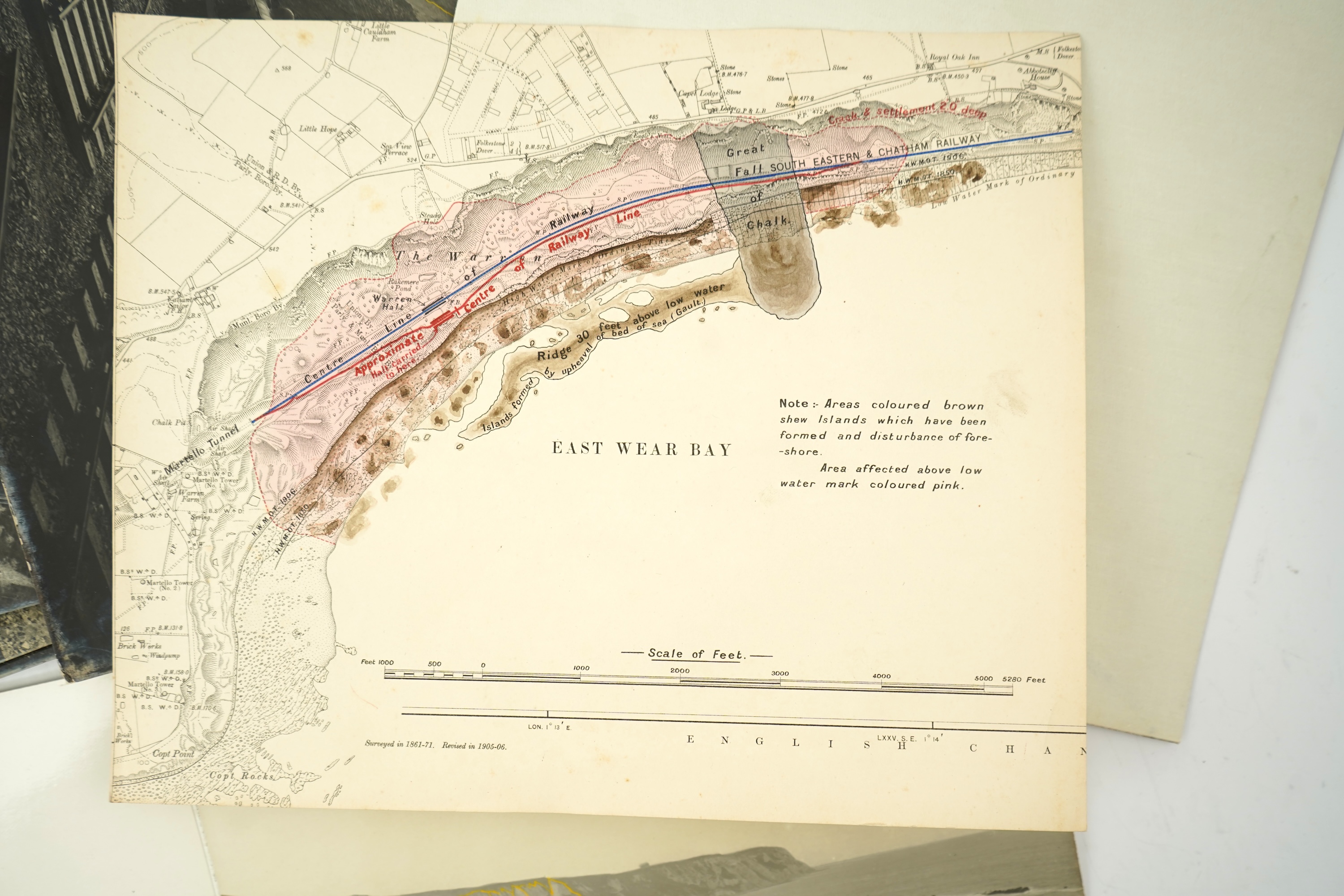 Fourteen late 19th/early 20th century black and white photographs of the results of a chalk landslide on the SE&CR, South East and Chatham Railway, at East Wear Bay, Capel-le-Ferne, Kent, with annotations to the reverse